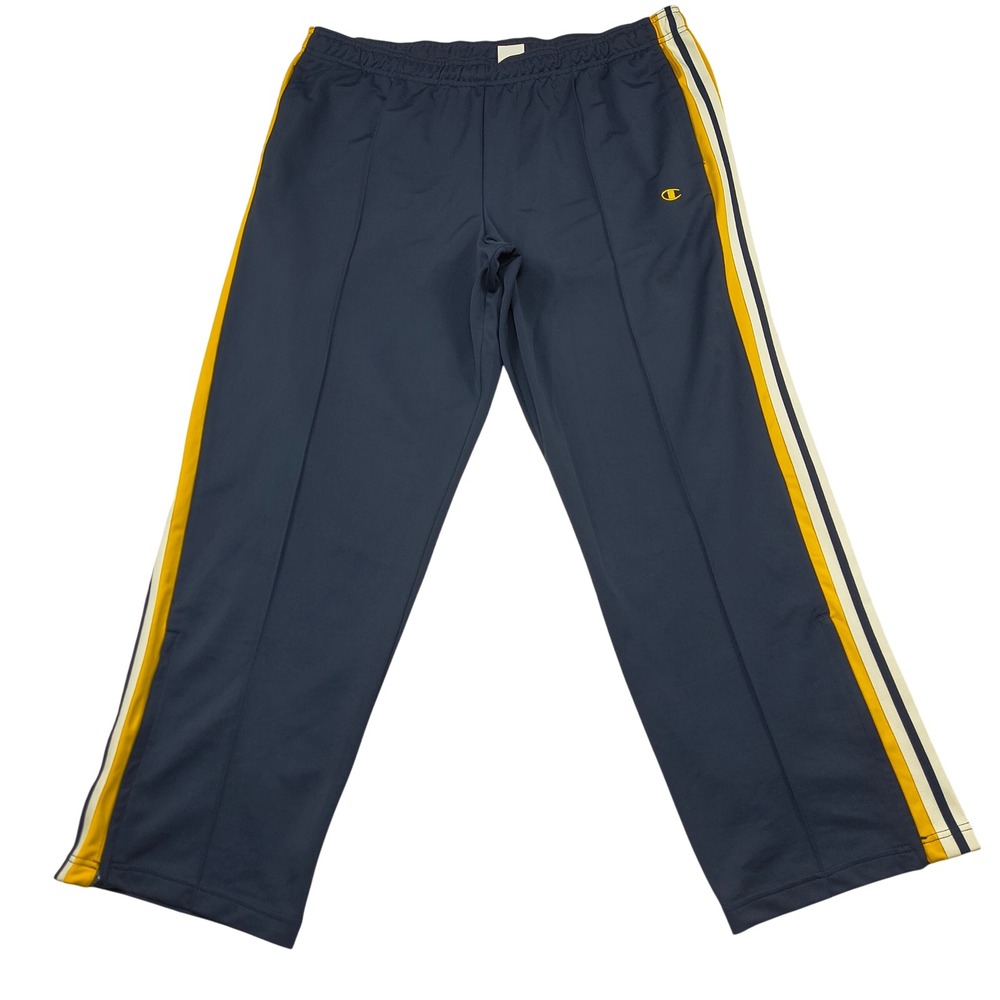 Champion Mens XL Tall Navy Blue Track Pants Yellow White Side Stripe Vintage Y2k